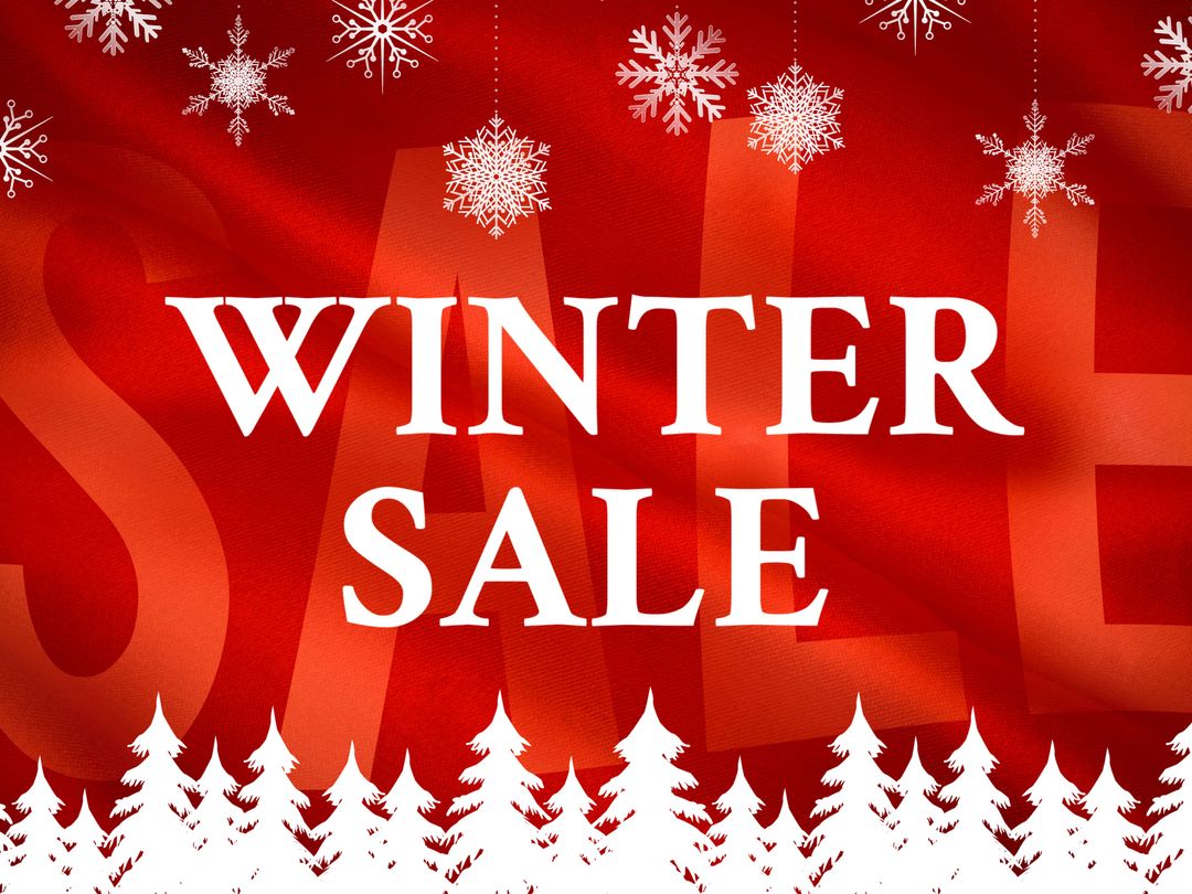 Festive Winter Sale Advertisement with Red Background and Snowflakes