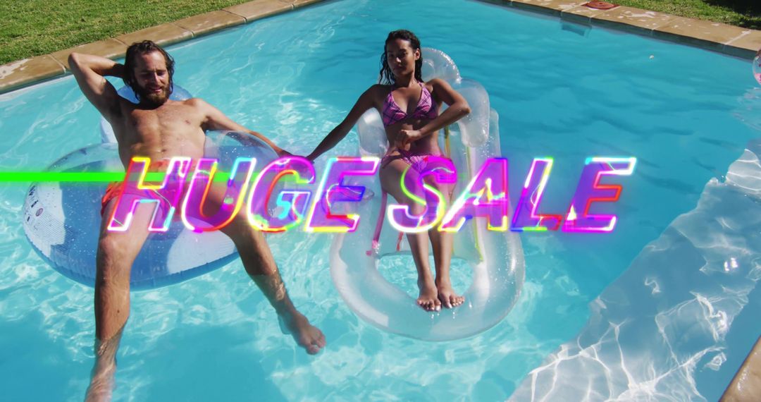 Couple Relaxing on Inflatable Floats in Backyard Pool Holding Hands with Neon Sale Text