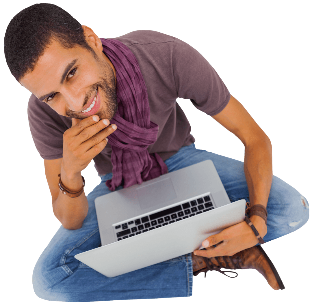 Transparent Young Man Smiling While Using Laptop