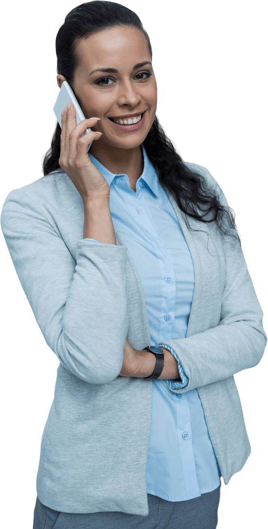 Transparent Portrait of Smiling Businesswoman on Cellphone