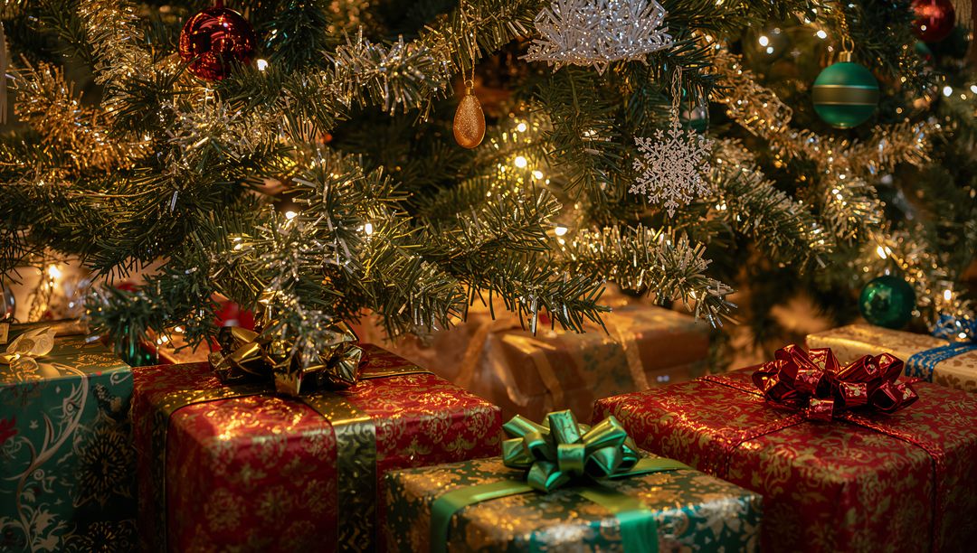 Festive Decorated Christmas Tree with Colorful Gift Boxes