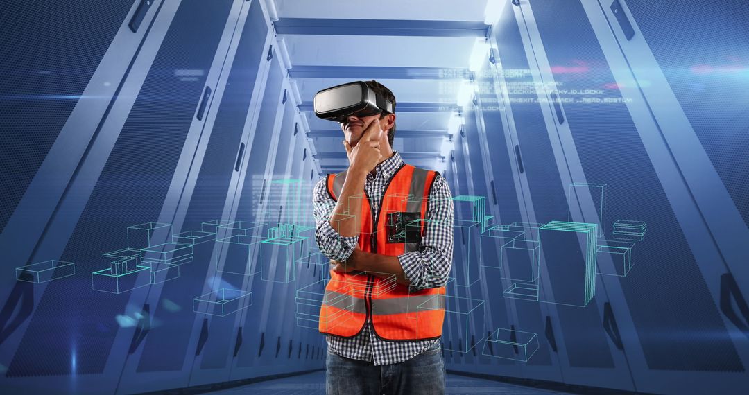 Engineer Innovating in Virtual Reality within Futuristic Server Environment