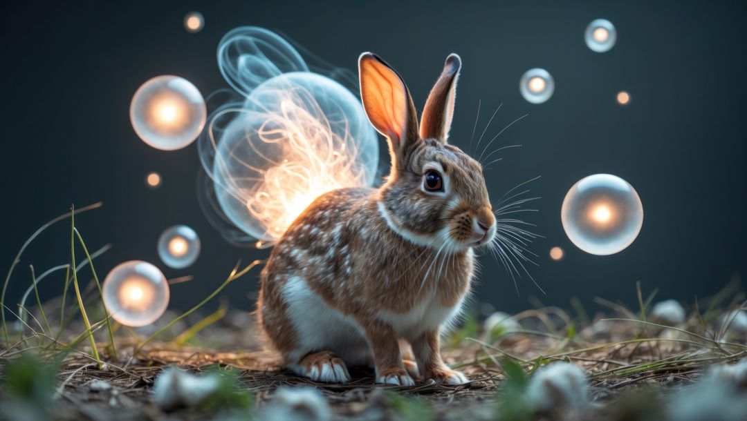 Magical cottontail rabbit among luminous orbs in twilight ambiance