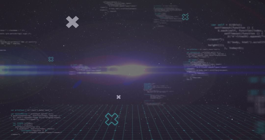 Futuristic Digital Grid with Floating Code and Light Beam