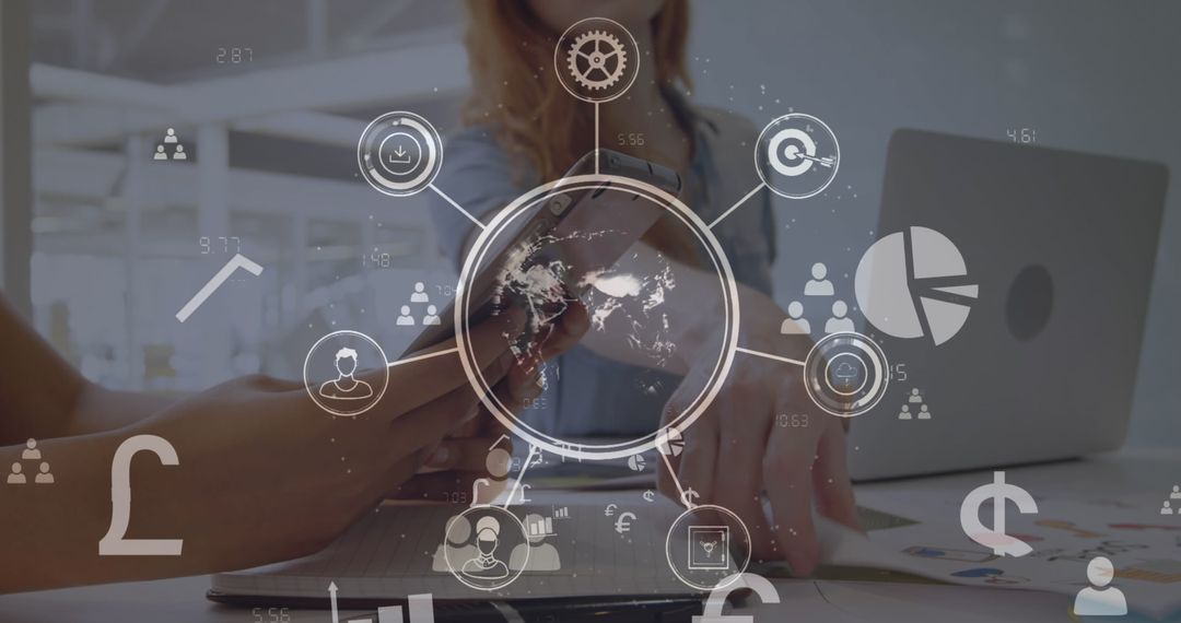 Digital Globalization Icons Overlay Business Meeting Scene