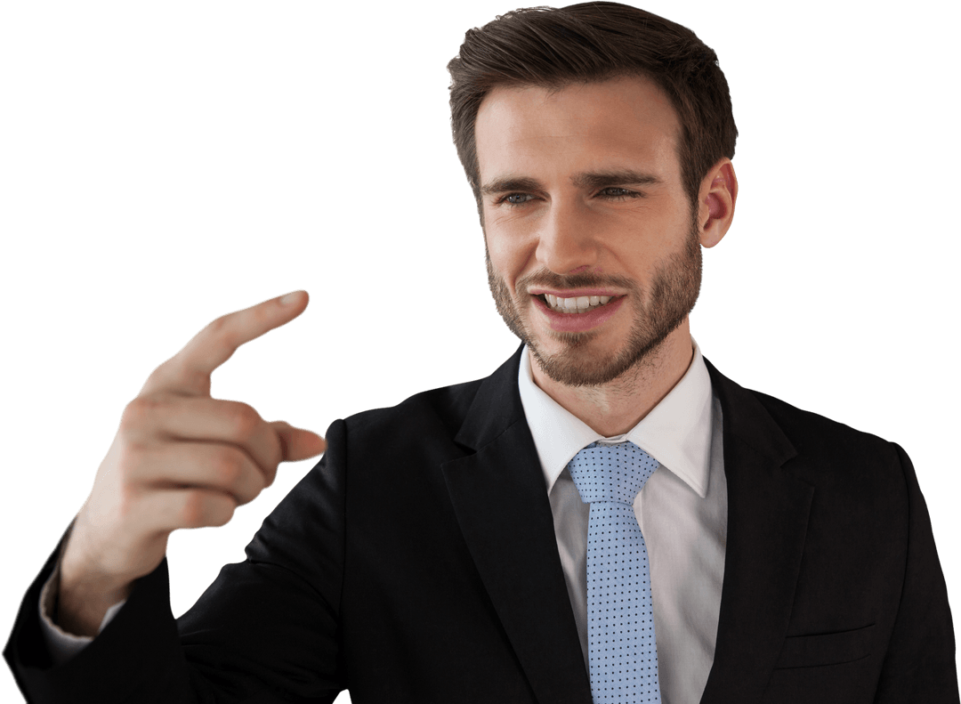 Transparent Businessman Pointing on Digital Interface Wearing Suit