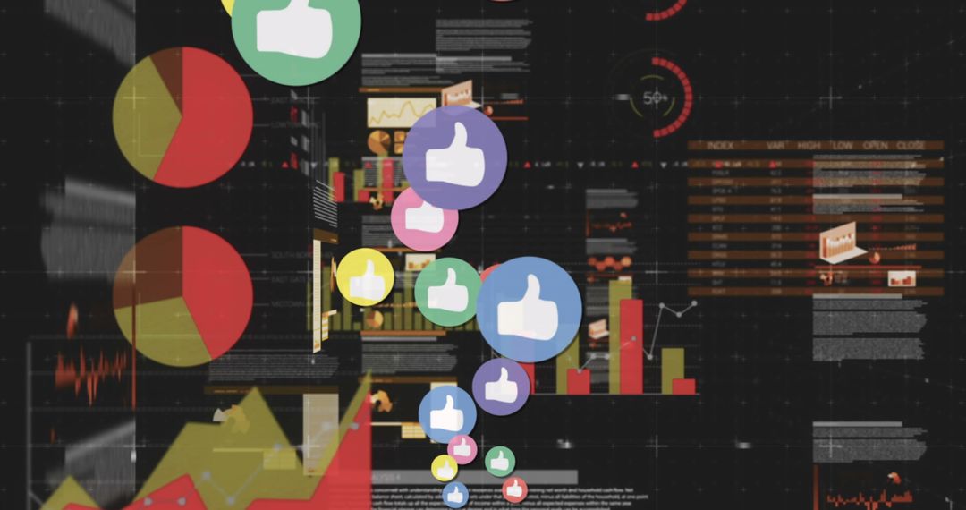 Digital Thumbs-Up over Radial Charts and Data Analytics Background