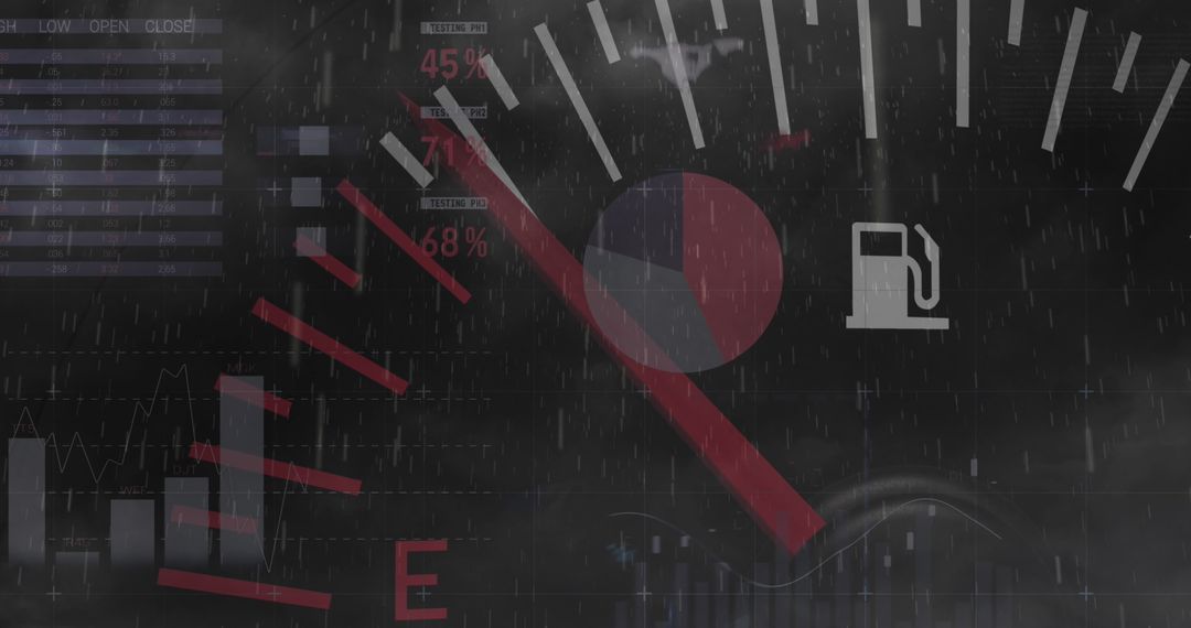 Digital Fuel Gauge with Data ISymbols in Rainy Abstract Background