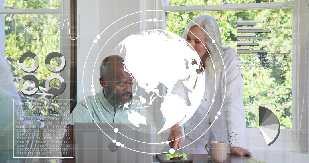 Senior couple collaborating on digital analytics at home with futuristic HUD globe overlay
