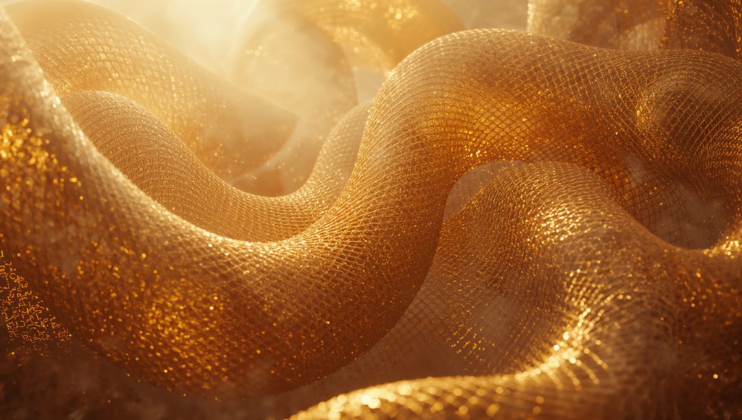 Golden Mesh Tubes with Glistening Particles in Futuristic Setting