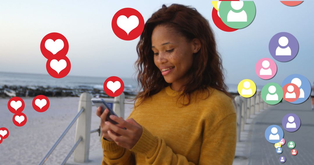 Smiling Woman Using Smartphone with Rising Social Media Icons on Beach