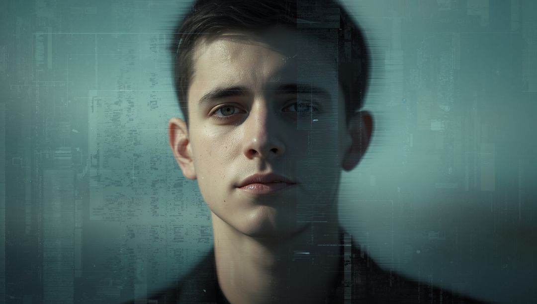 Futuristic Teen With Digital Glitch and Circuit Overlays