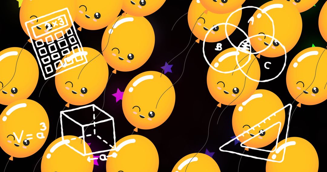 Fun Educational Balloons with Math Icons on Dark Background