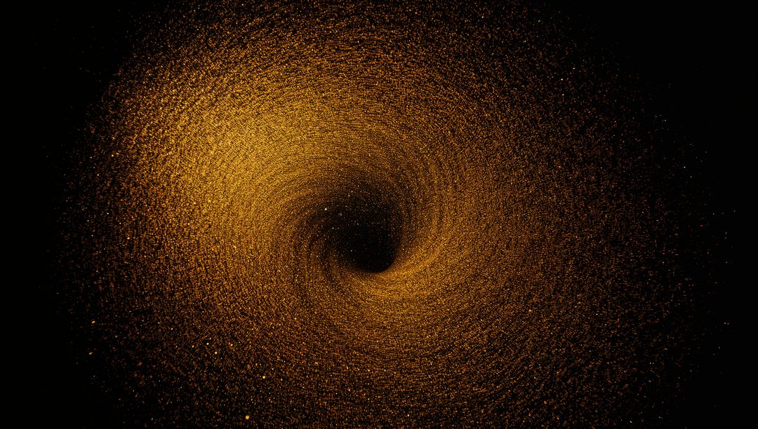 Golden Particle Vortex Spiraling into Dark Core, Hypnotic Abstract Swirl with Cosmic Depth