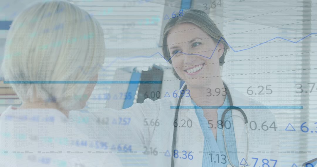 Caucasian Female Doctors Collaborating with Stock Market Chart Overlay