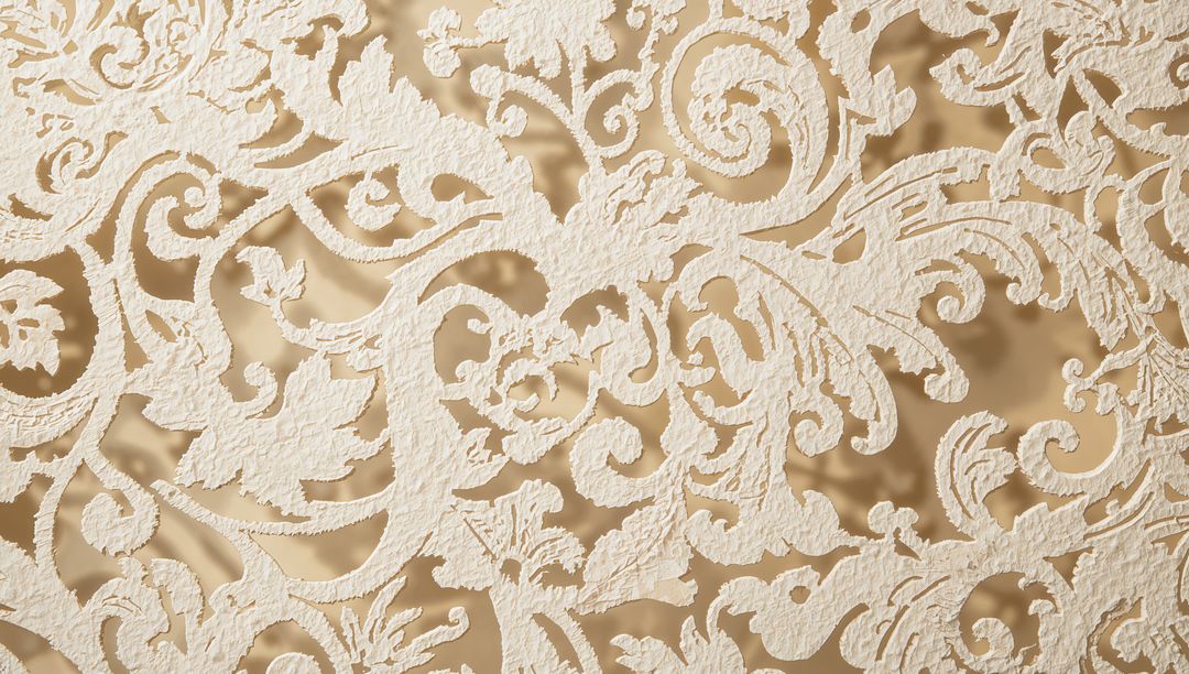 Ivory Embossed Damask Scrollwork on Gold Satin Backing with Soft Shadowed Relief