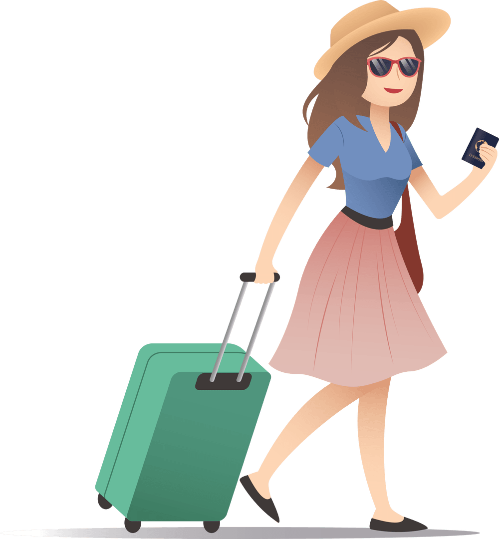 Smiling Woman Traveling with Suitcase on Transparent Background