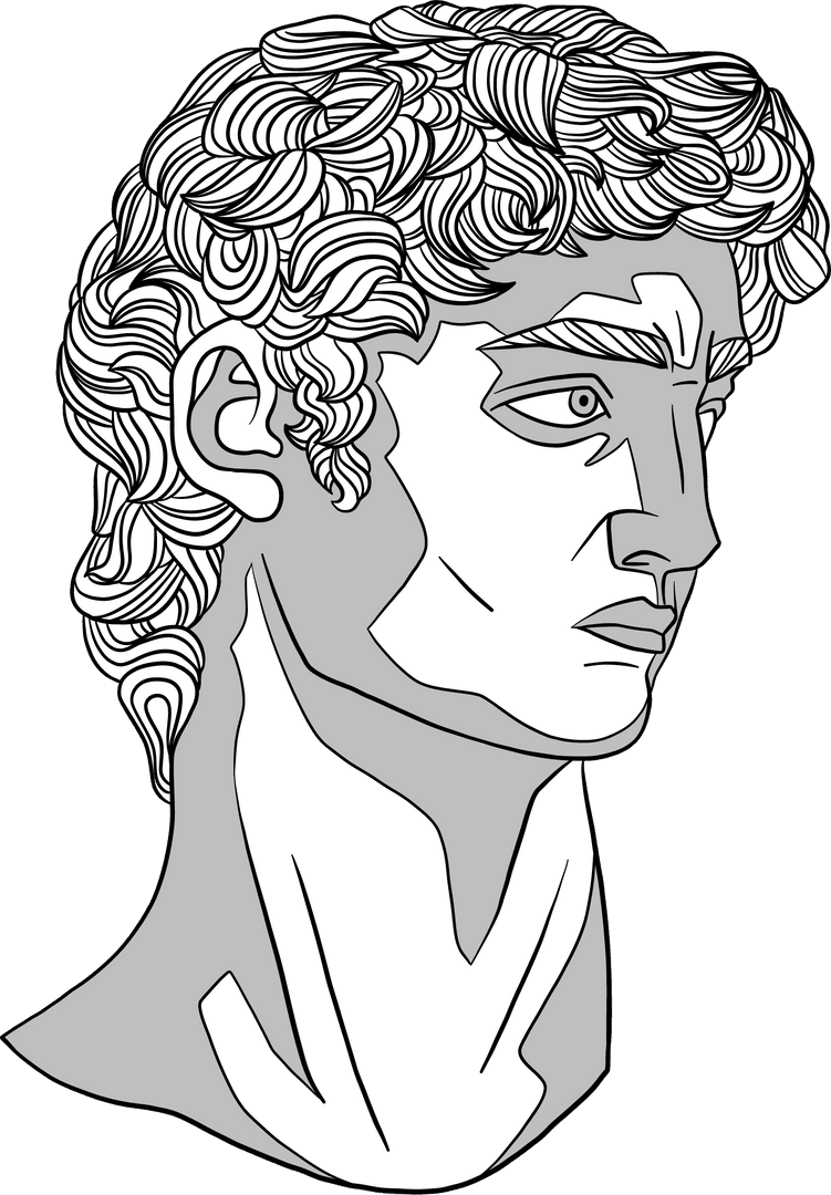 Monochrome Line Art of Classical Male Sculpture on Transparent Background