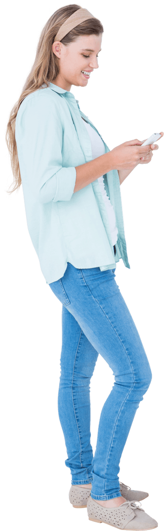 Young Woman Using Smartphone in Casual Attire Transparent Background