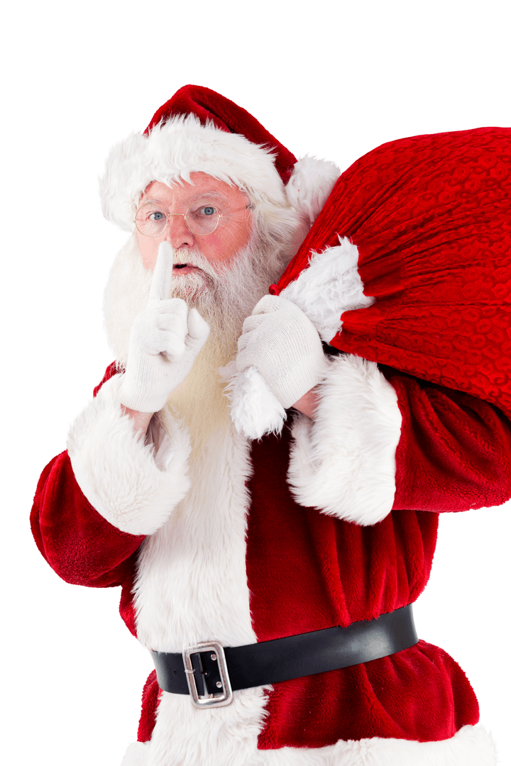 Jolly Santa Claus Carrying Red Sack Giving Secret Gesture Transparent Background