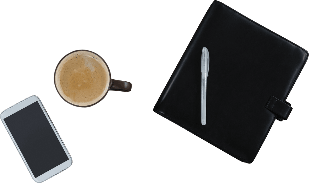 Organized Workspace with Phone Coffee and Planner Transparent
