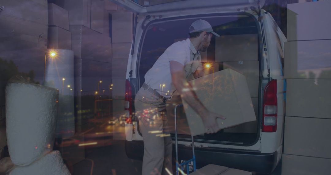 Delivery Worker Loading Van Amid Night Traffic Lights - Free Images, Stock Photos and Pictures on Pikwizard.com