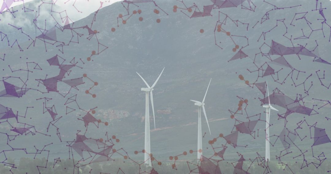 Wind Turbines with Digital Network Overlay in Mountainous Landscape