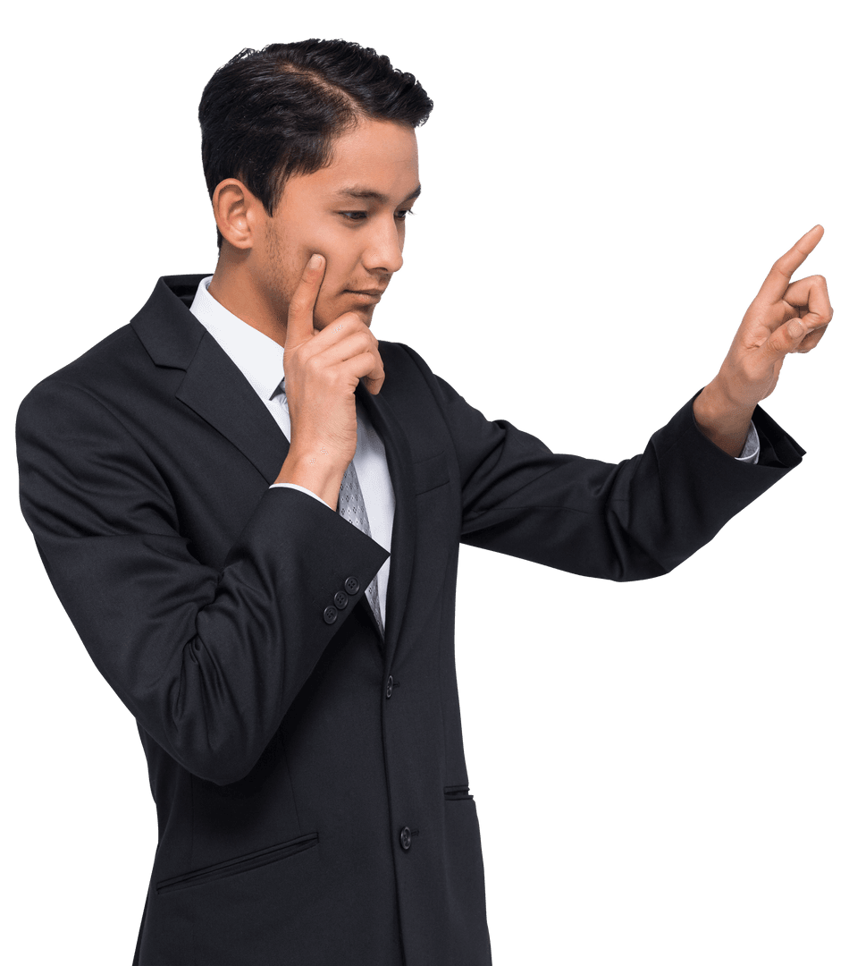 Thoughtful Asian Businessman on Transparent Background Gesturing