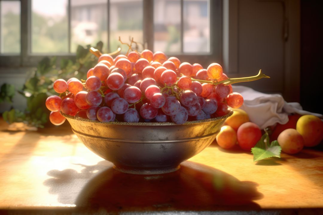 Sunny Kitchen Scene: Bowl of Red Grapes on Wooden Table - Free Images, Stock Photos and Pictures on Pikwizard.com