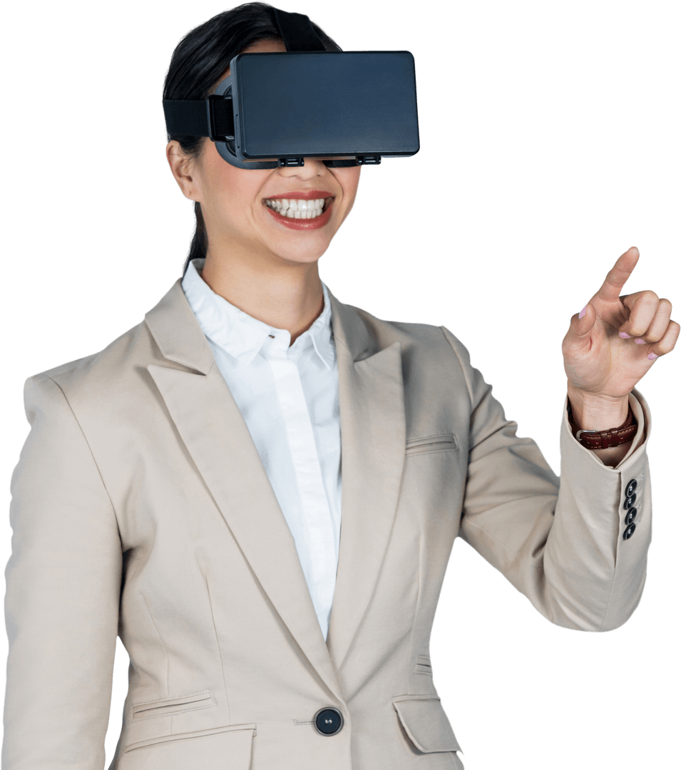 Smiling Businesswoman Using Transparent Virtual Reality Glasses Pointing Forward