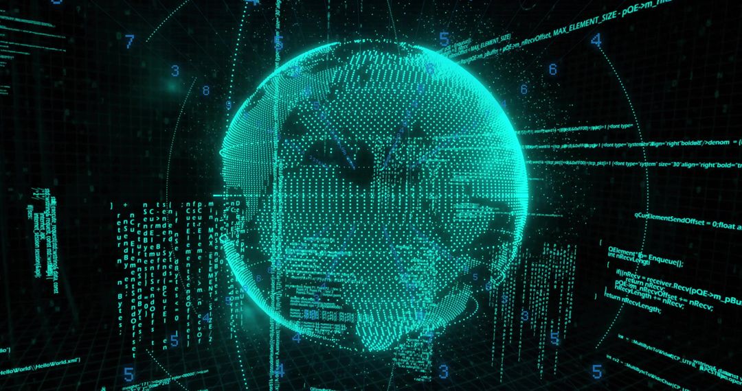 Futuristic Digital Globe Rotating in Cyber Grid with Code Fragments