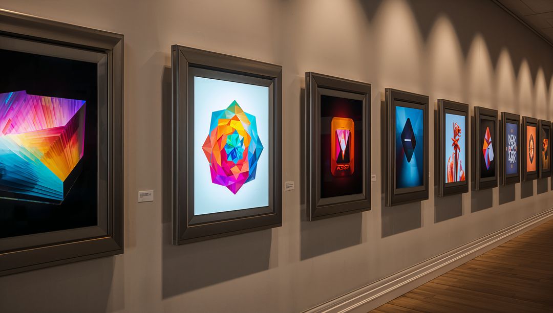 Vibrant Digital Geometric Art in Gallery Displayed with Subtle Spotlight