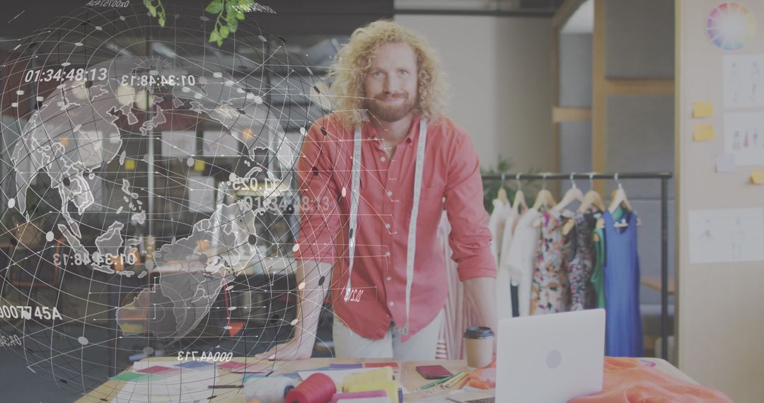 Caucasian Male Designer with Global Data Interface Overlay