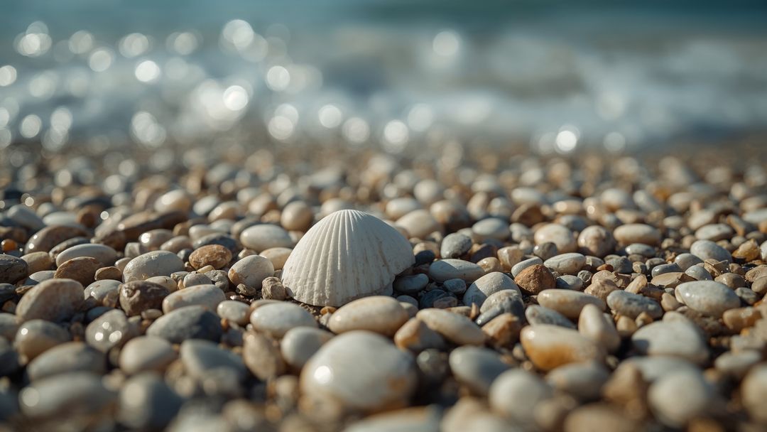 White Scallop Shell on Serene Pebble Beach Coastline