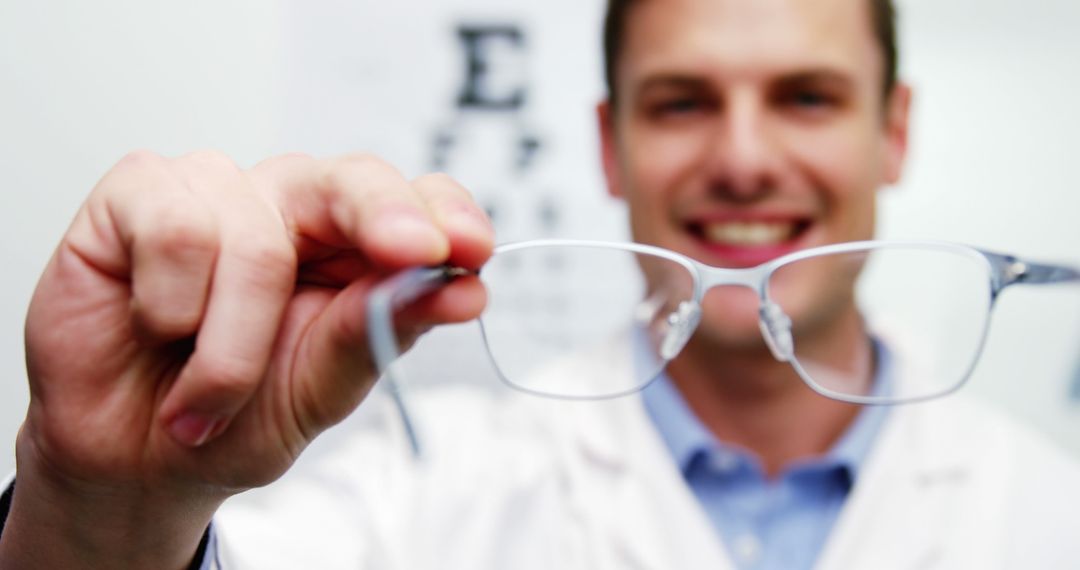 Optometrist Holding Glasses towards Camera in Optical Clinic - Free Images, Stock Photos and Pictures on Pikwizard.com