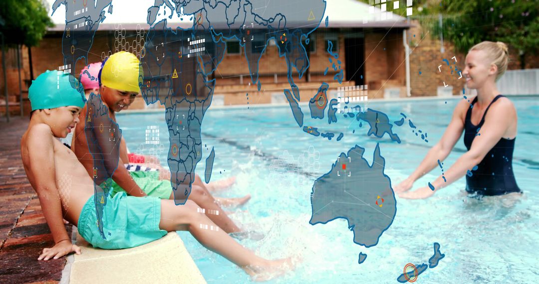 Kids Kicking at Pool Edge During Swimming Lesson with Coach and World Map Overlay Outdoors