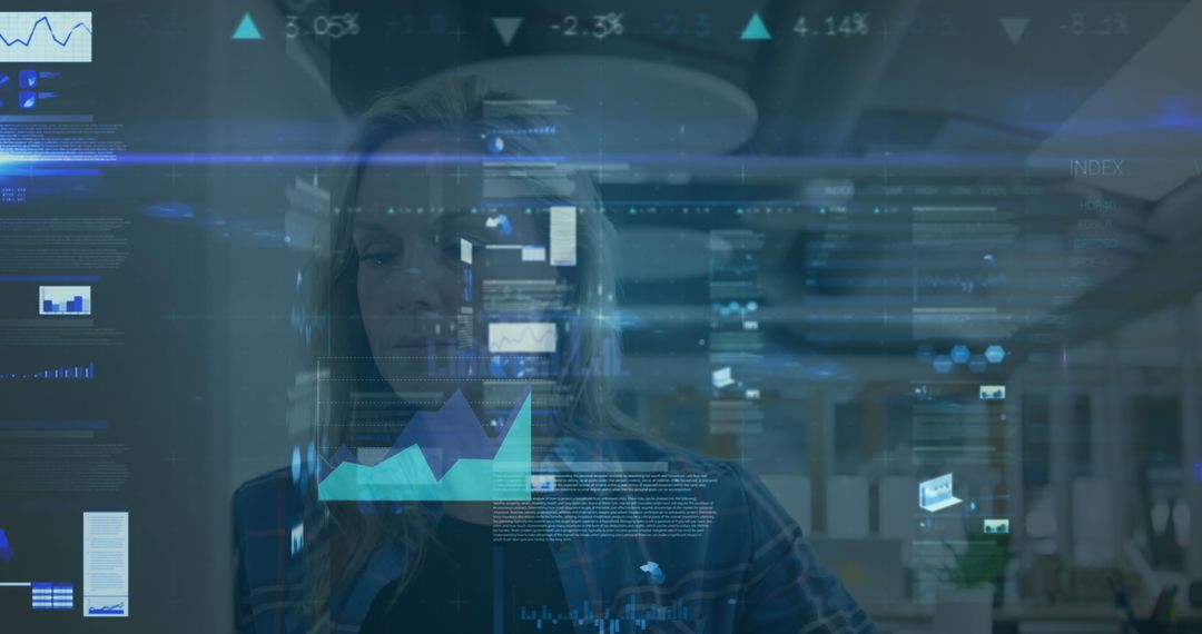 Businesswoman Analyzing Digital Graphs in Futuristic Workspace