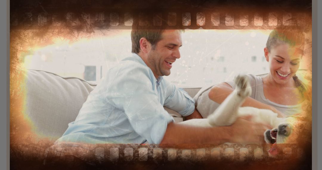 Happy Couple Enjoying Quality Time with Playful Dog at Home
