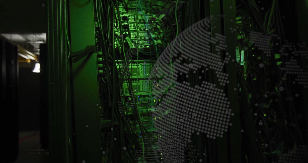 Digital Binary Code Overlay on Green-Tinted Servers