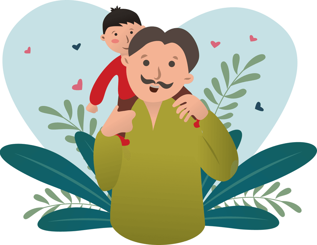 Father Carrying Son on Shoulders, Heart Background Illustration