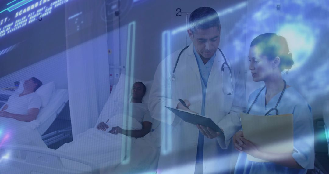 Advanced Healthcare Professionals Analyzing Holographic Data in Modern Hospital