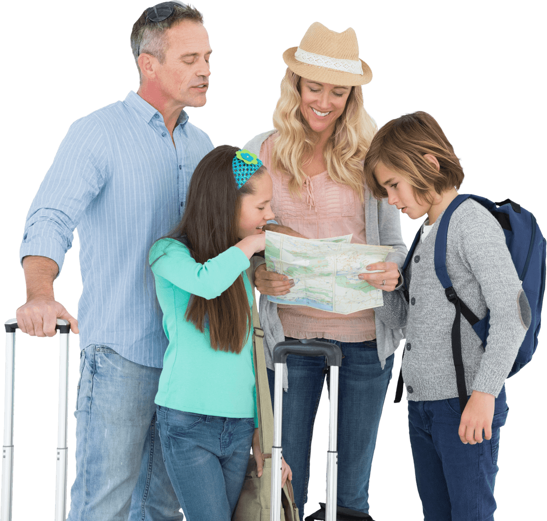 Happy Family Traveling with Luggage and Transparent Map