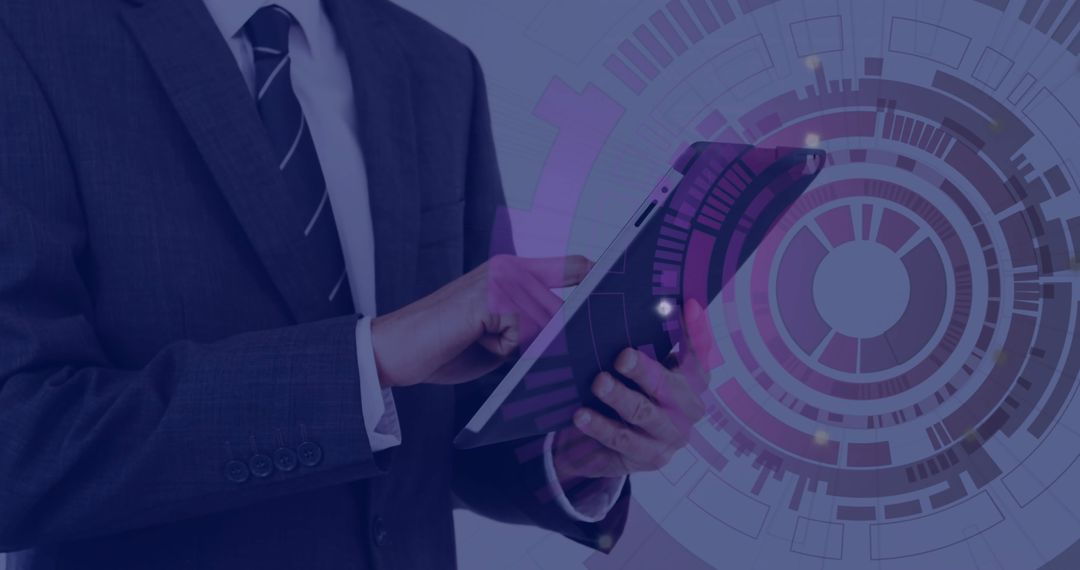 Business Executive Using Tablet with Data Visualization Background