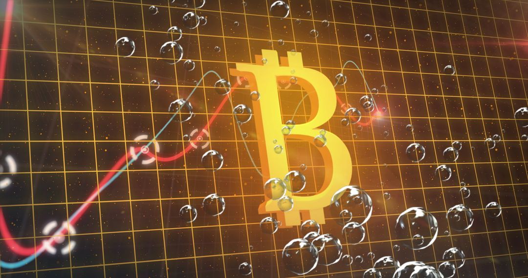 Glowing Bitcoin Symbol Over Digital Graph with Bubbles