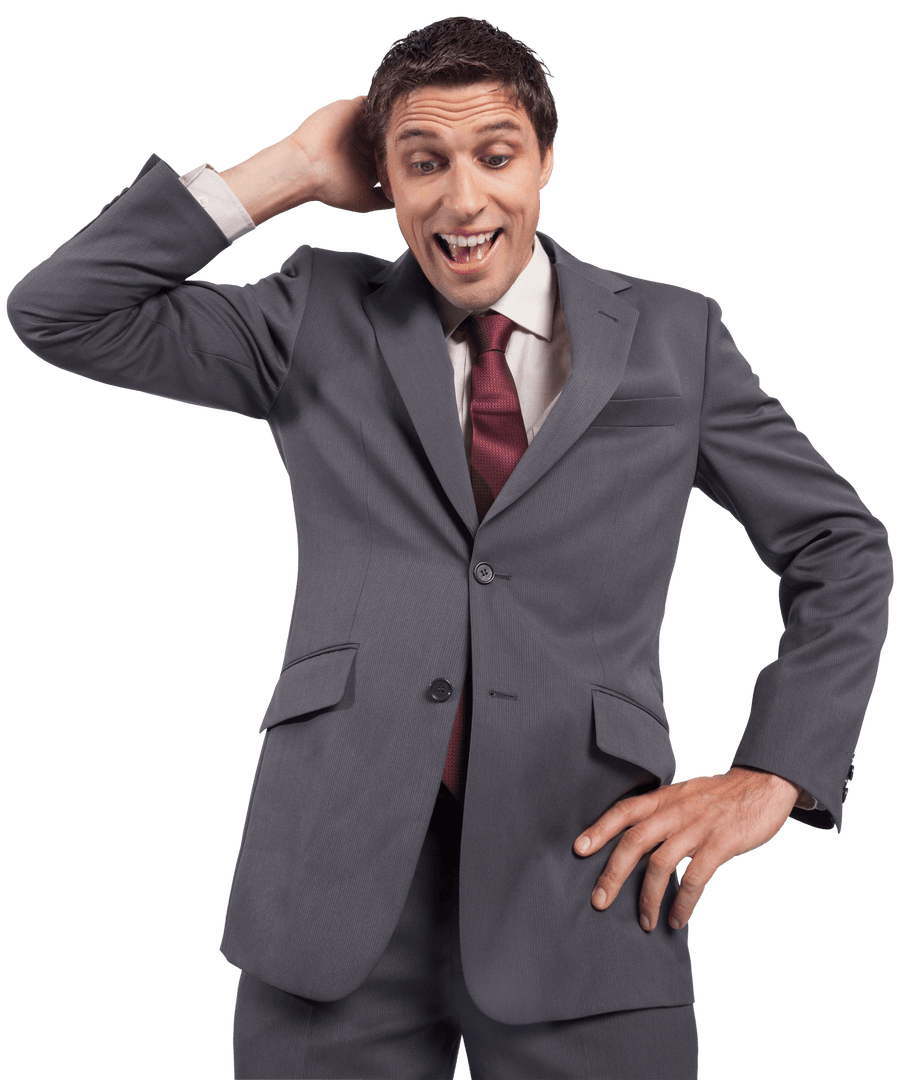 Smiling Caucasian Businessman in Gray Suit on Transparent