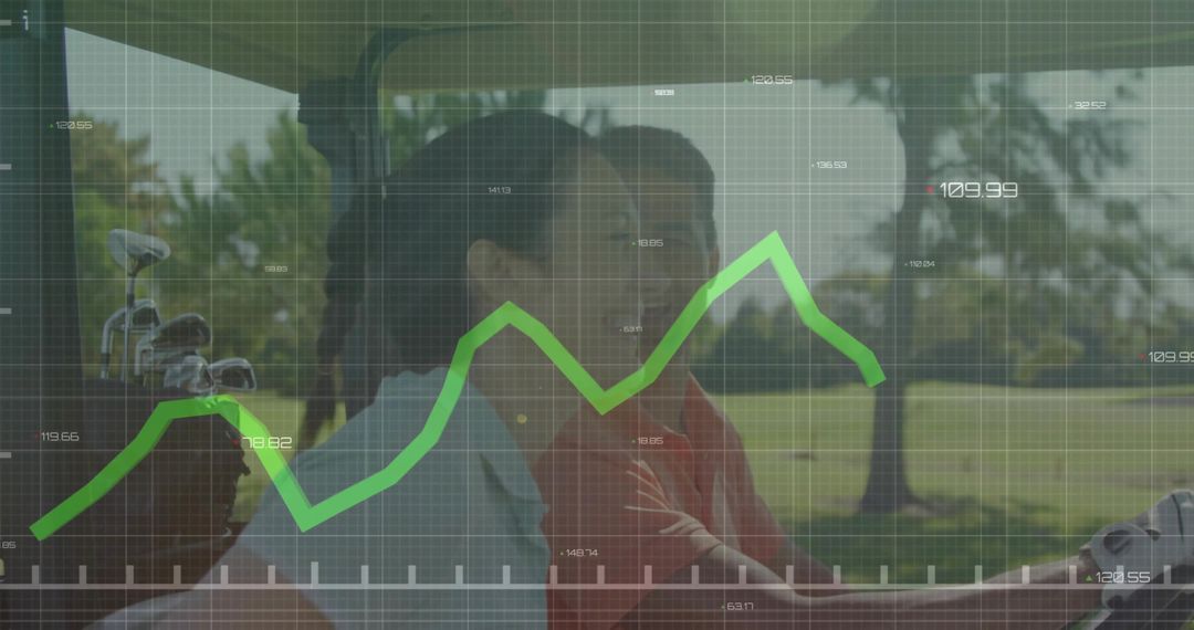Couple Enjoying Golf Cart Ride with Stock Market Theme Overlay