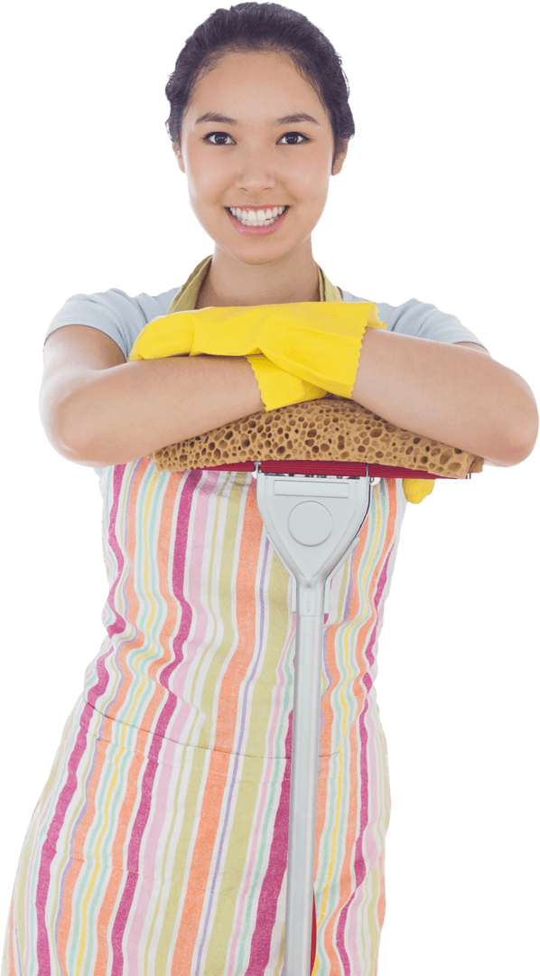 Smiling Woman Holding Mop with Colorful Apron in Transparent Background