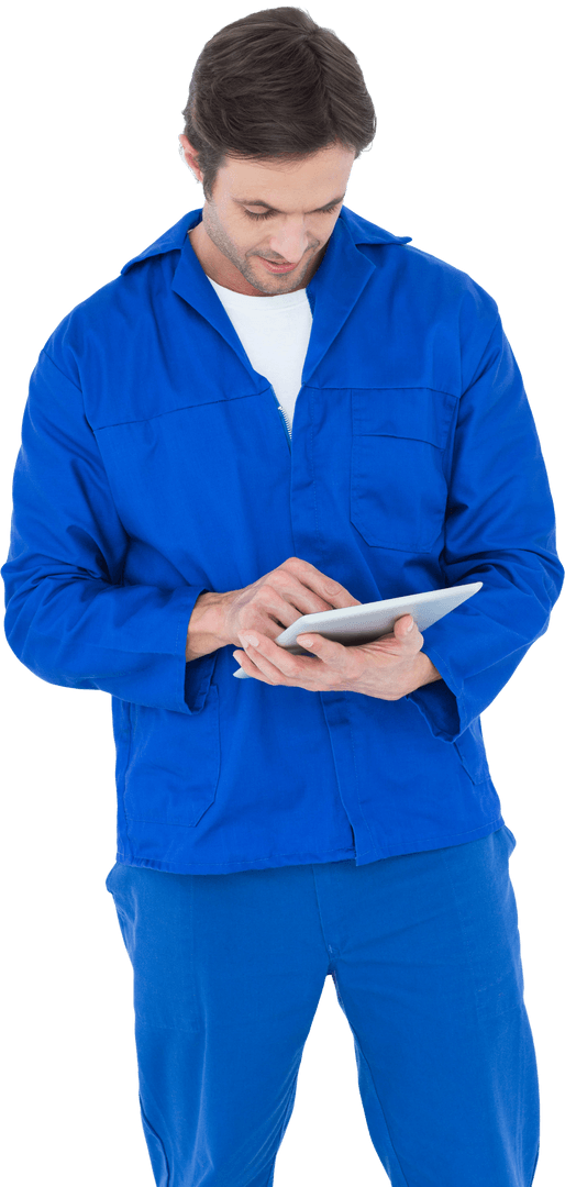 Transparent Mechanic in Blue Uniform Using Digital Tablet