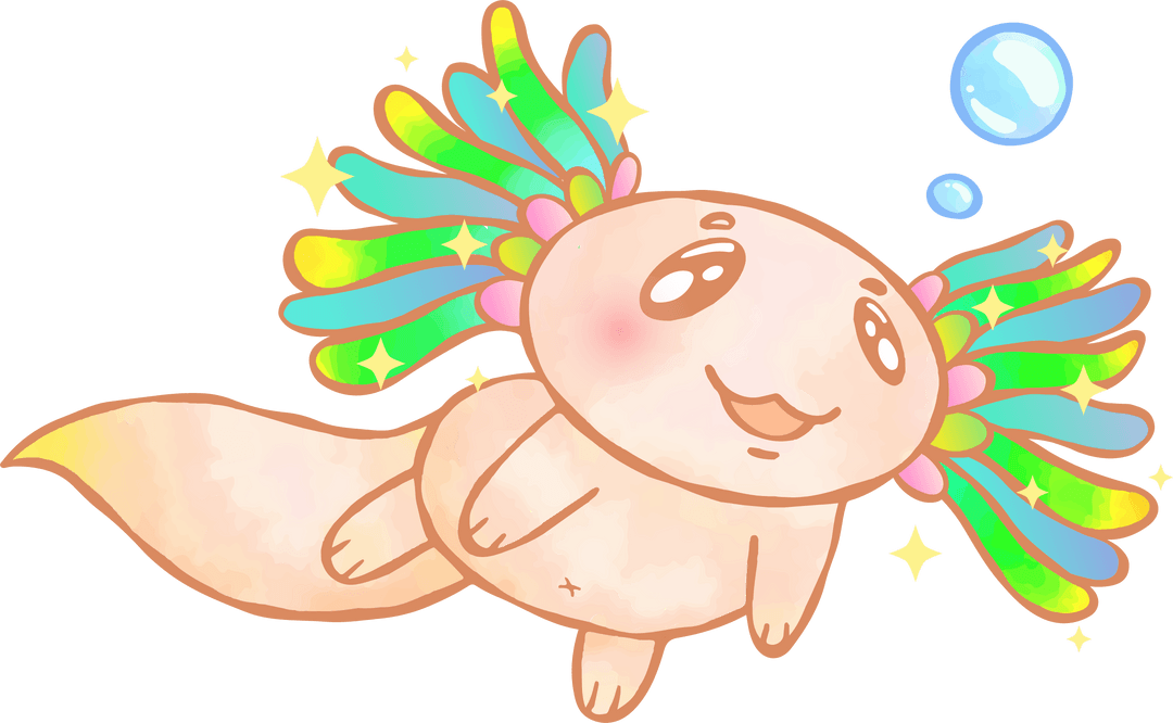 Aquatic Cartoon Axolotl with Rainbow Gills on Transparent Background