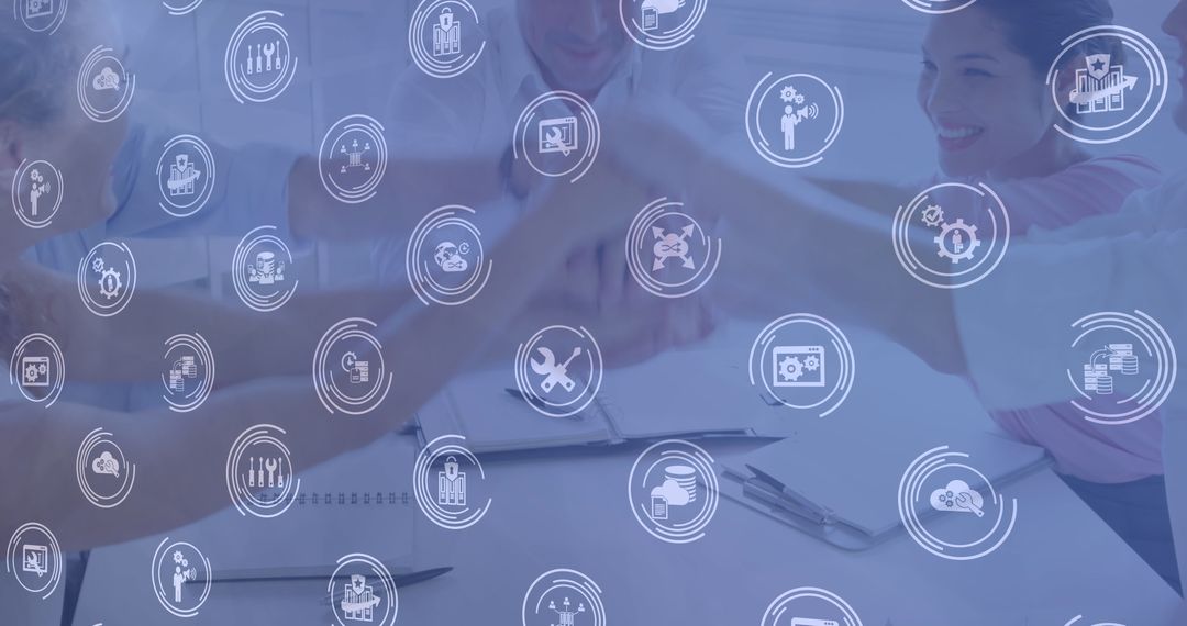 Diverse Business Team with Overlay of Digital Network Icons
